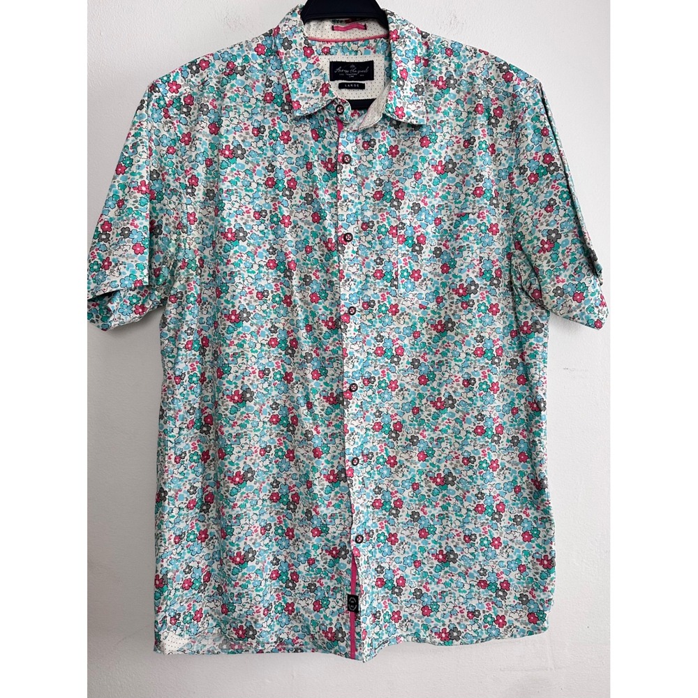 Across the Pond Mens Large Floral Short Sleeve Button Down Cotton Teal Pink